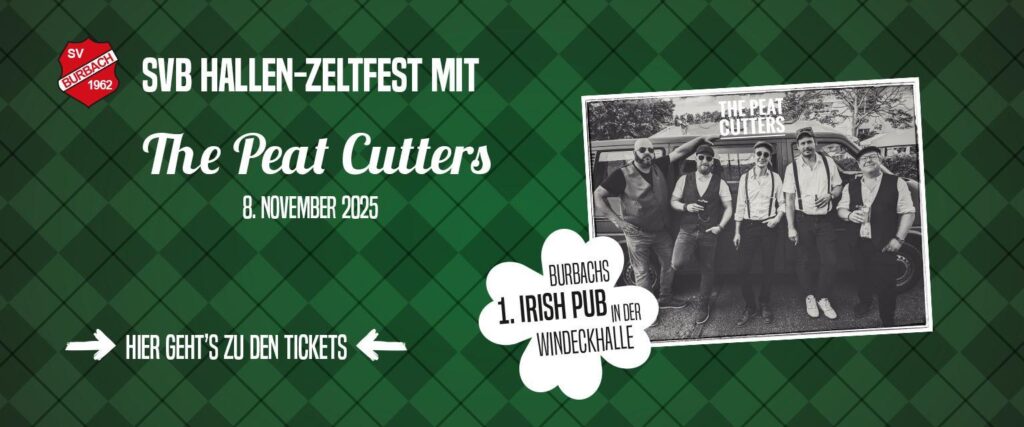 Werbebild für das SVB Hallen-Zeltfest mit den "The Peat Cutters" am 8. November 2025